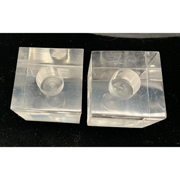 Lucite Block Cube Taper Candlestick Holder MCM Set 2 Vtg Clear Acrylic Incised - Picture 3 of 11